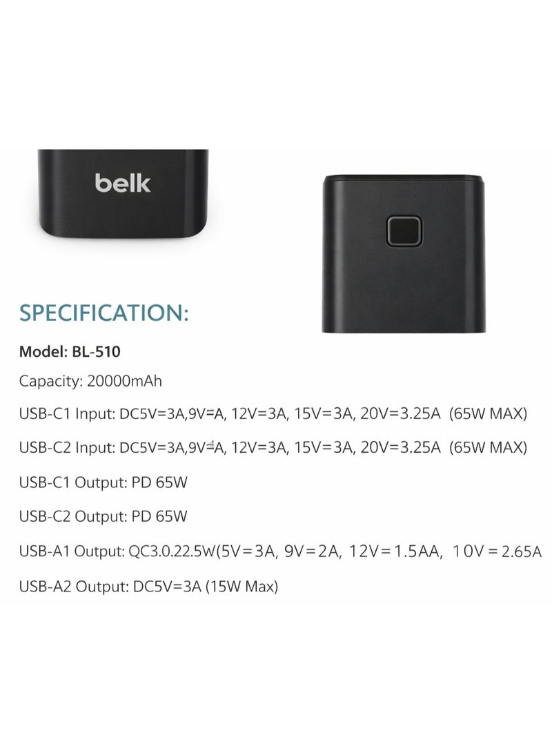 Belk 20000mAh Power Bank PD 65W Fast Charging, Laptop & Phone Compatible, Intelligent Integrated Circuit Protection - Image 5